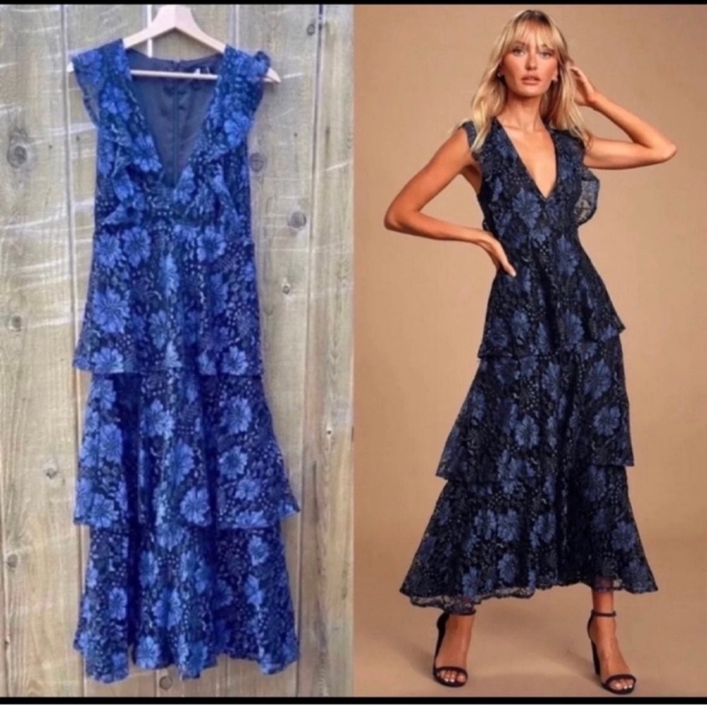 Navy Blue Molinetto Lace Ruffled Tiered Maxi Dress